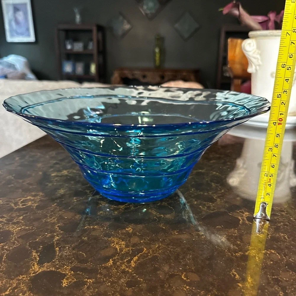 Turquoise Blue Glass Decorative Bowl Wavy Rim Textured Centerpiece 11.5 Inch